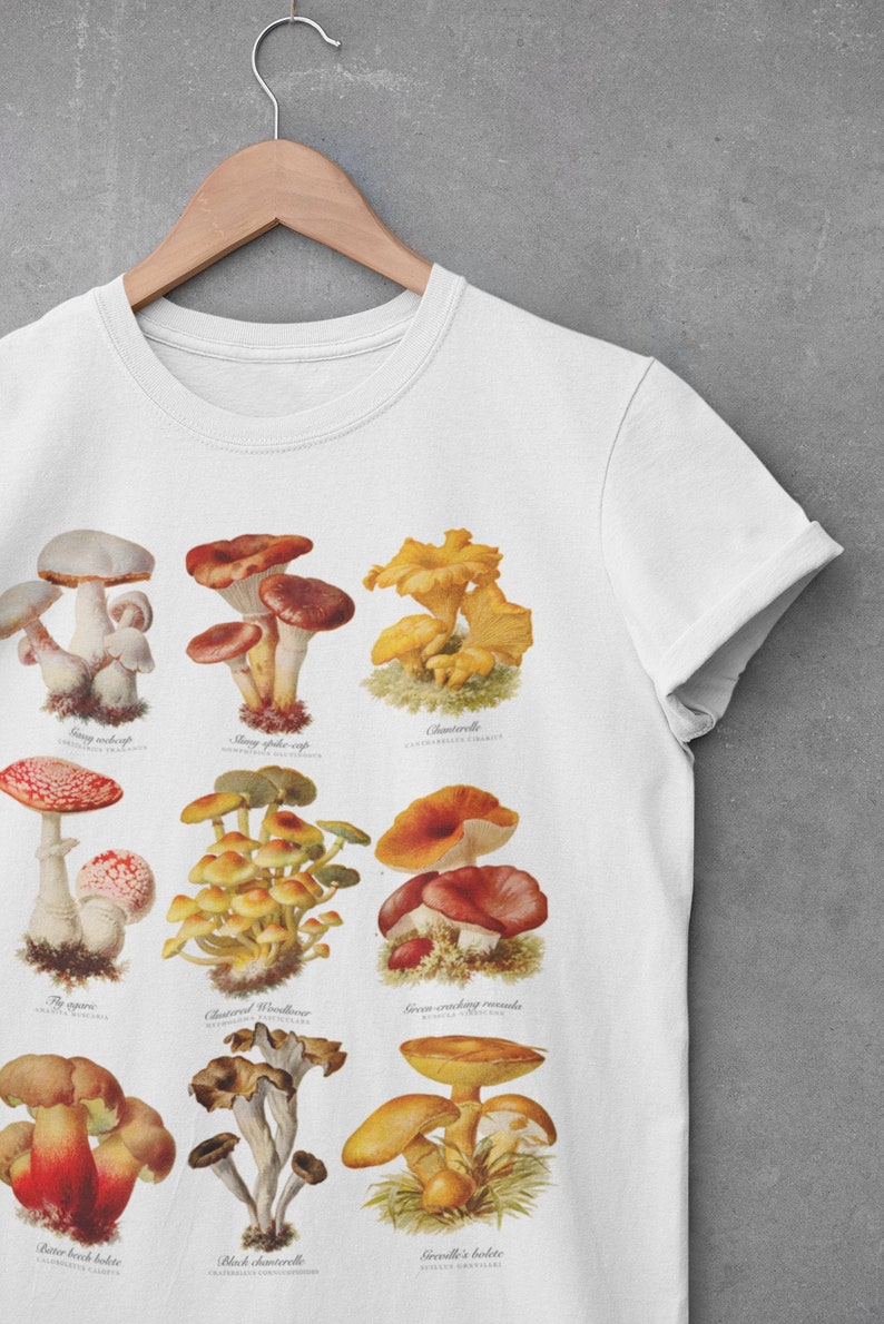 Mushrooms tshirt Botanical Fungi art t-shirt Vintage Illustration Cottagecore aesthetic shirt 90s Boho Nature Plants Fashion image 3