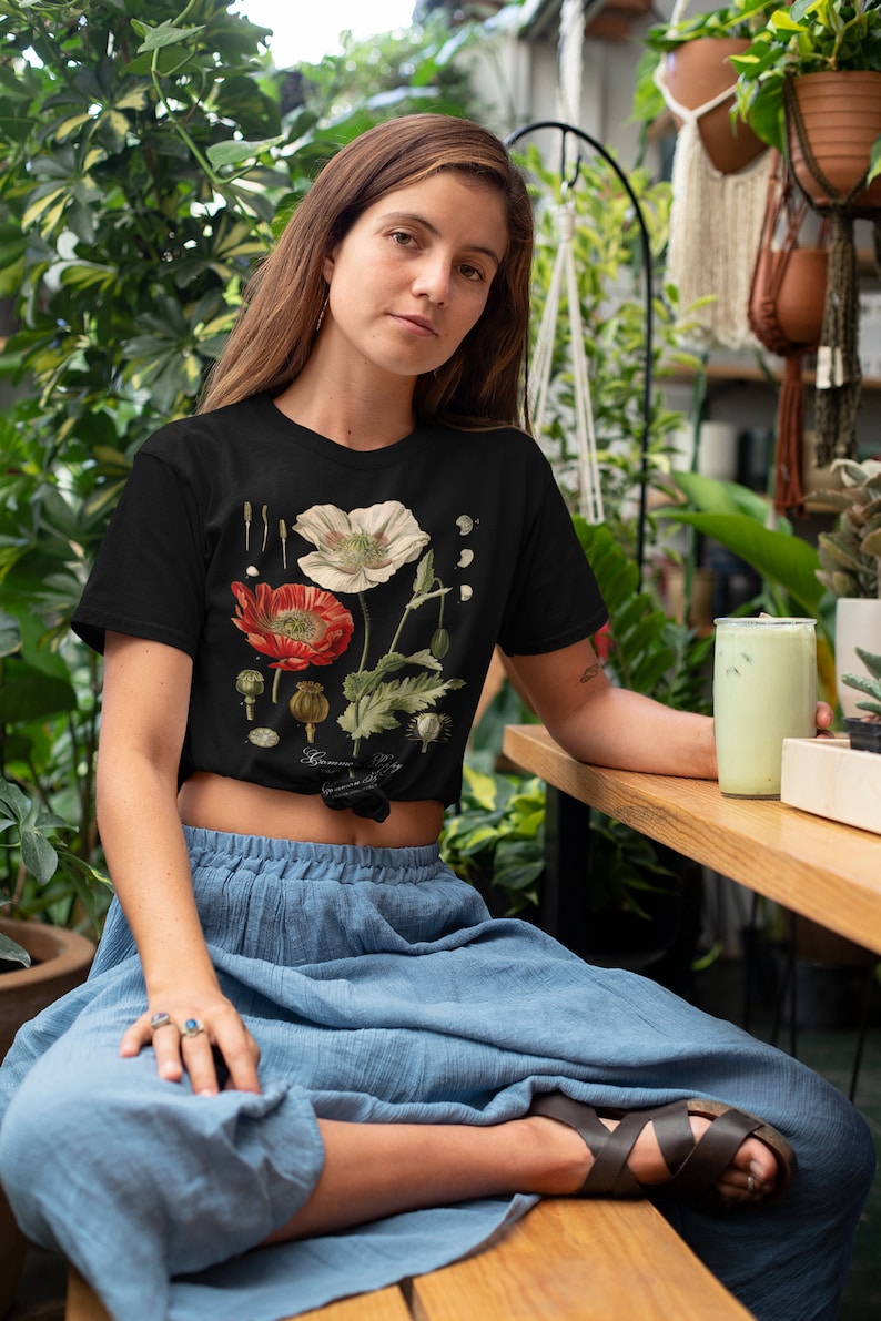 Poppy Botanical Art Shirt Aesthetic Flower top Witchy Nature Lover Gift Witchy Whimsigoth Tshirt Goblincore Cottagecore t-shirt image 1