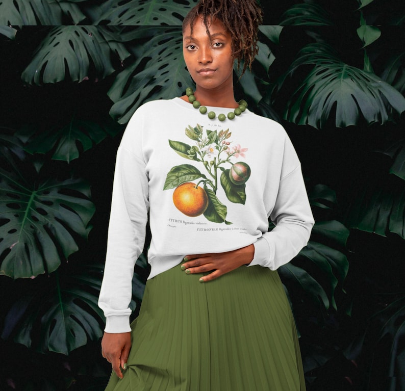 May include: White sweatshirt with a botanical illustration of a citrus tree with a single orange fruit, white flowers, and green leaves. The text "CITRUS Spicata dulcis" is printed below the illustration.