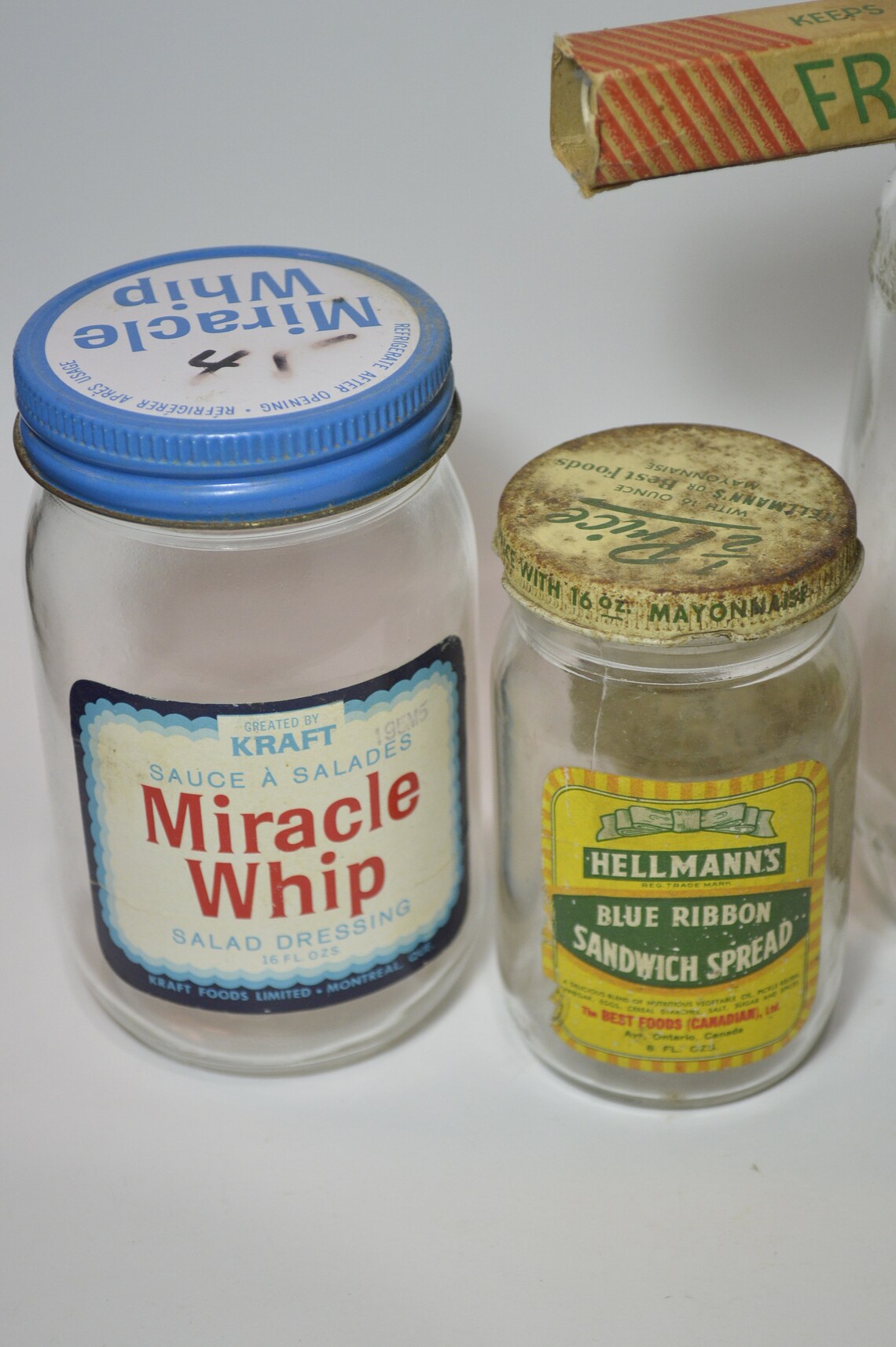 Vintage 1960s Labeled Food Jars & Bottles Lot, Miracle Whip, Hellmann's