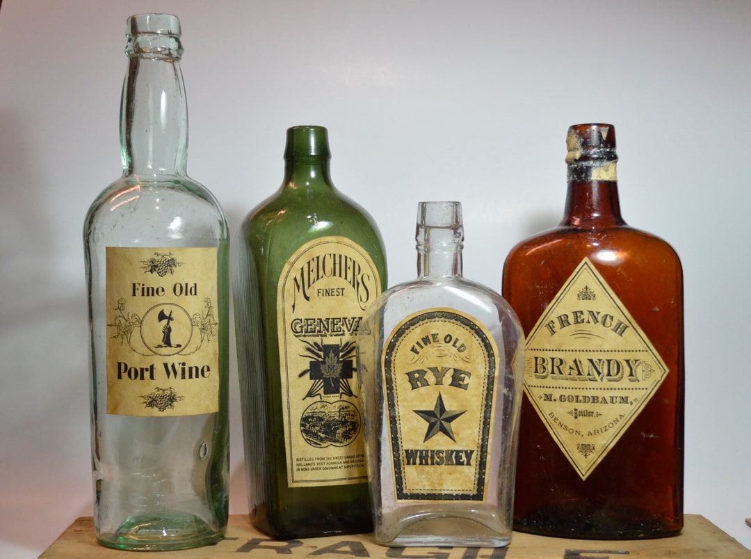 Reproduction Label Antique Liquor Bottles. Genuine Antique Bottles With