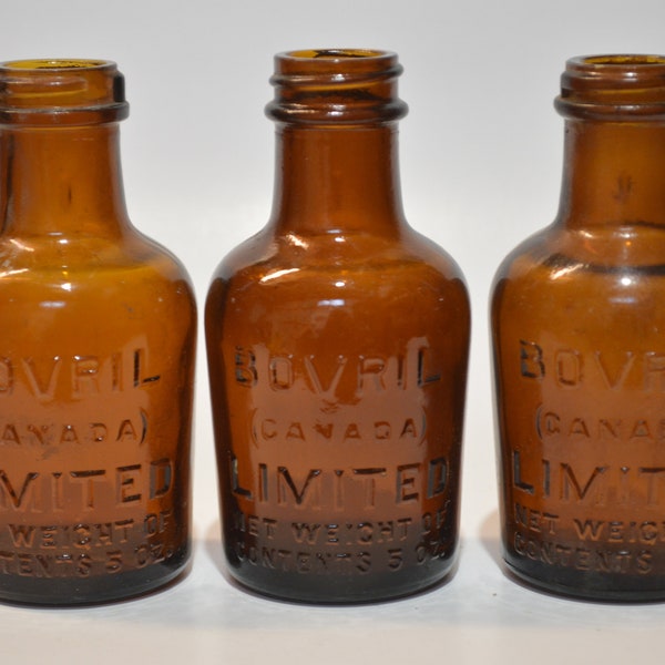 Bovril Lot of 3 Amber Glass Bottles Made in Canada 5 oz Vintage Collectible or Kitchen Decor