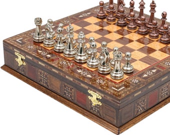 Inlay Wood Chess Set with Metal Staunton Chessmen (12 inch)