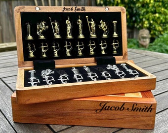 Personalised Chess Set 25cm-10" | Engraving Custom Foldable Travel Solid Wood Chess Set | Diecast Greek Archer Metal Chess - Birthday Gift