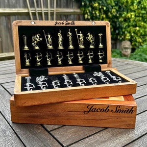 Personalised Chess Set 25cm-10" | Engraving Custom Foldable Travel Solid Wood Chess Set | Diecast Greek Archer Metal Chess - Birthday Gift