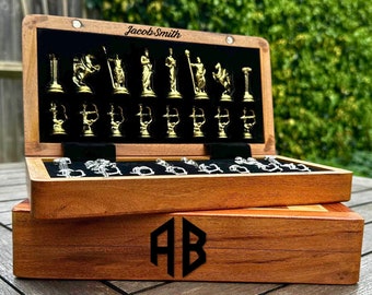 Personalized Diecast Greek Archer Metal Chess Set with Storage  25cm-10" | Engraving Custom Foldable Travel Solid Wood Gift Chessboard Set