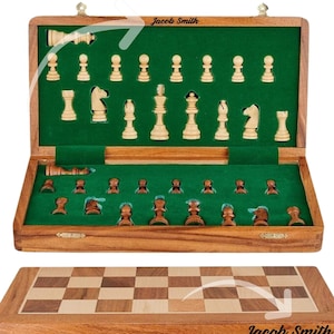 Juego de ajedrez magnético plegable de madera con reina extra y almacenamiento, juego de ajedrez de viaje plegable, juego de ajedrez grande para torneos de viaje, hecho a mano.