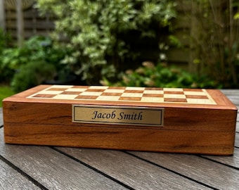 Personalized Chess Set | Custom Brass Plate - Foldable Travel Magnetic Chess Board | Solid Wood Handmade Gift for Him Her Birthday Bday Gift
