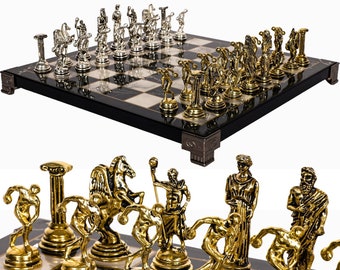Metal Chess Set Gift for Him Her - 25cm (10inch) - Marble Pattern Chess Board | Roman, Mythology Greek Chess | Die Cast Metal Chess Set