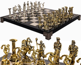 Metal Chess Set Gift for Him Her - 25cm (10inch) - Marble Pattern Chess Board | Roman, Mythology Greek Chess | Die Cast Metal Chess Set