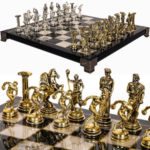 Metal Chess Set Gift for Him Her - 25cm (10inch) - Marble Pattern Chess Board | Roman, Mythology Greek Chess | Die Cast Metal Chess Set
