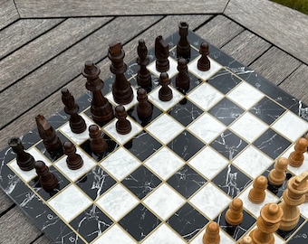 Wooden Chess Set 37cm | Walnut, Marble, Mosaic Patterns, Luxury Chess Board Game Birthday Gift for Him Her Dad Anniversary Ship from Germany