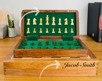 Personalised Chess | Foldable Magnetic Chess Board Set | Solid Wood Travel Chess Set 5-7-10-12-14-16" | Gift for him her | Birthday Gift