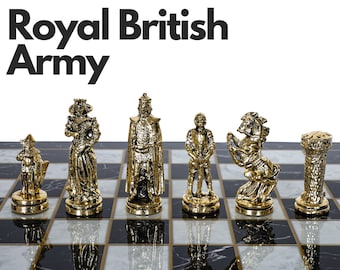 Metal Chess Set gift for him her - Marble, Walnut, Mosaic Look Wooden Chess Board, Roman British Egyptian Mythology-Greek Military Chess Set