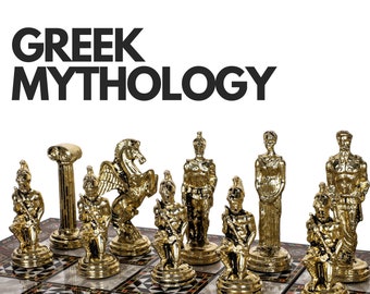 Greek Mythology Pegasus Metal Chess Set - Marble, Walnut, Mosaic Look Wooden Chess Board | Myth God Figures, Personalised Gift for Birthdays