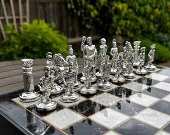 Roman Empire Metal Chess Set gift for him her - Marble or Walnut Look Wooden Chess Board - Die Cast Metal Chess Figures | Birthday Gift Xmas