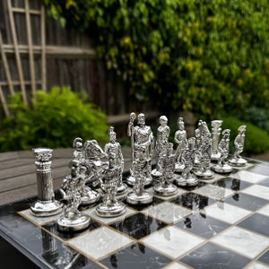 Roman Empire Metal Chess Set gift for him her - Marble or Walnut Look Wooden Chess Board - Die Cast Metal Chess Figures | Birthday Gift Xmas