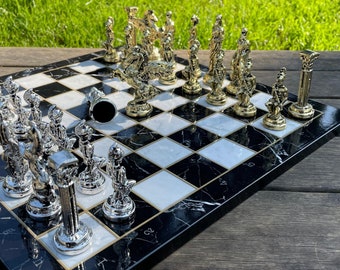 Metal Chess Set - Gift for Him Her, Father's Day / Marble & Mosaic Look Wooden Chess Board, Roman-British-Egyptian-Mythology-Greek Chess Set