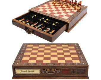 Personalised Historical Chess Set with Drawer 38cm-15" | Premium Medieval King Arthur, Crusader, Roman Resin Casting Handpainted Chessmen