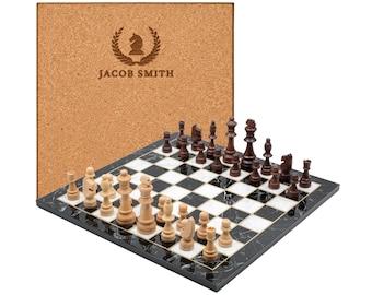 Personalized Walnut/Mosaic/Marble Style Chess Set: Marble Pattern Board, Solid Wood Chessmen