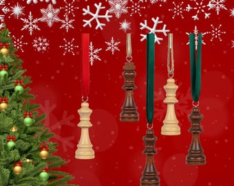 Multipack Christmas Tree Chess Ornament 2025 - Solid Wood Chess Piece Xmas Ornaments: Handmade Gamer Gift Decoration