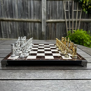Personalized Metal Chess Set | British, Roman, Egyptian, Greek, Mythology Historical Chessmen - Wooden Chess Board, Customised Gift for Dad