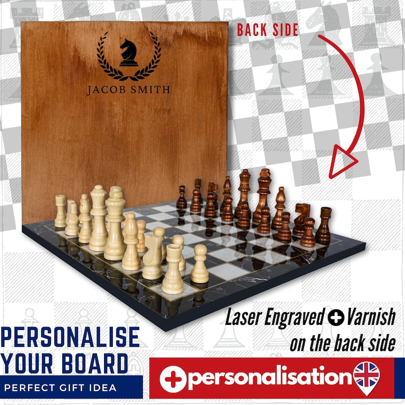 May include: Personalized wooden chessboard with black and white squares and a marble-like design. The board comes with a set of wooden chess pieces. The back of the board can be personalized with a laser engraved design and a varnish finish. The image shows a chessboard with the name "JACOB SMITH" engraved on the back.