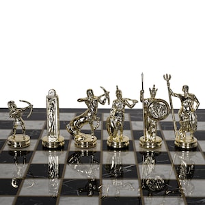 Metal Chess Set - Marble & Mosaic Look Wooden Chess Board, Roman-British-Egyptian-Mythology-Hercules-Greek-Olympic Chess Home Decoration