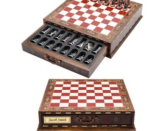Personalized Solid Wood Handmade Chess Set with Metal Figures & Storage