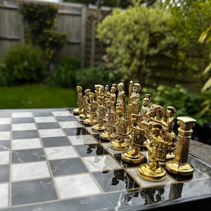 Roman Empire Metal Chess Set gift for him her - Marble or Walnut Look Wooden Chess Board - Die Cast Metal Chess Figures | Birthday Gift Xmas