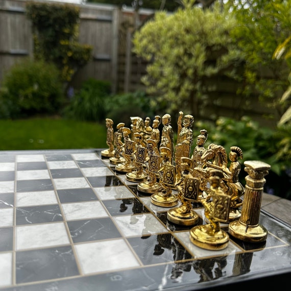 Roman Empire Metal Chess Set: Marble Look Board, Die Cast Figures