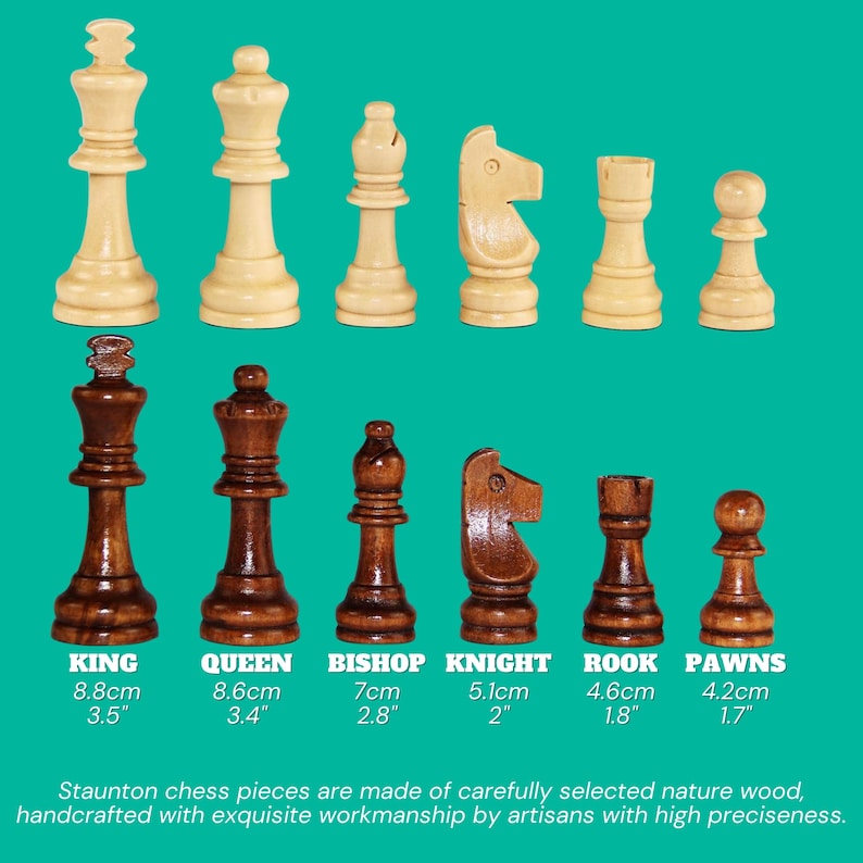 May include: A set of Staunton chess pieces, including King, Queen, Bishop, Knight, Rook, and Pawns. The pieces are made of natural wood, with the dark pieces in a rich brown and the light pieces in a cream color. The King is 3.5 inches tall.