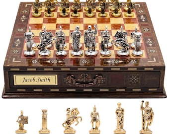 Handmade Metal Chess Set with Storage Drawer: Personalized Luxury Gift