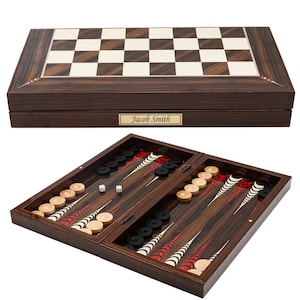Personalized Walnut Look Backgammon & Chess Set | In-built Storage 3in1 Game Set w/ Chess Pieces, Gift for Him Her Fathers Day Birthday Xmas