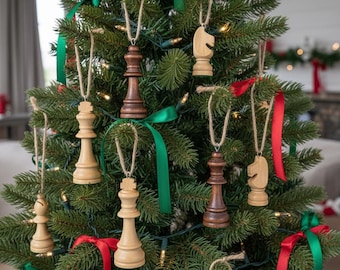 Multi-pack Christmas Tree Ornaments - Solid Wood Chess Piece Xmas Ornaments: Handmade Chess Addict Lover Gift