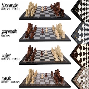 May include: Four different chess sets with black and white pieces on a board. The boards are made of black marble, grey marble, walnut, and mosaic. The boards are 12 inches by 15 inches.