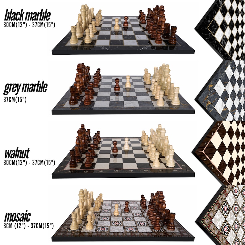 May include: Four different chess sets with black and white pieces on a board. The boards are made of black marble, grey marble, walnut, and mosaic. The boards are 12 inches by 15 inches.