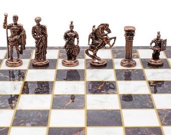 Die Cast Metal Vintage Roman, British, Egypt, Pegasus Chess Set - Marble, Walnut, Mosaic Look Board, Birthday and Christmas Gift for Her Him