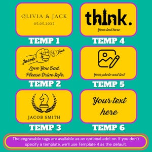 May include: A collection of yellow rectangular tags with black text and graphics. The tags include phrases like "OLIVIA & JACK" and "Love You Dad. Please Drive Safe." Other tags have the word "think" and the text "Your text here."