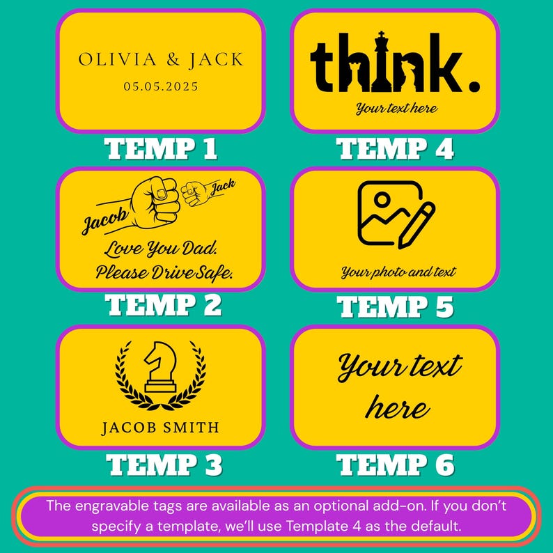 May include: A collection of yellow rectangular tags with black text and graphics. The tags include phrases like "OLIVIA & JACK" and "Love You Dad. Please Drive Safe." Other tags have the word "think" and the text "Your text here."