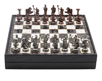 Personalized Roman Archer Chess Set: Bronze Metal Figures, Marble Look Board (10 inch)