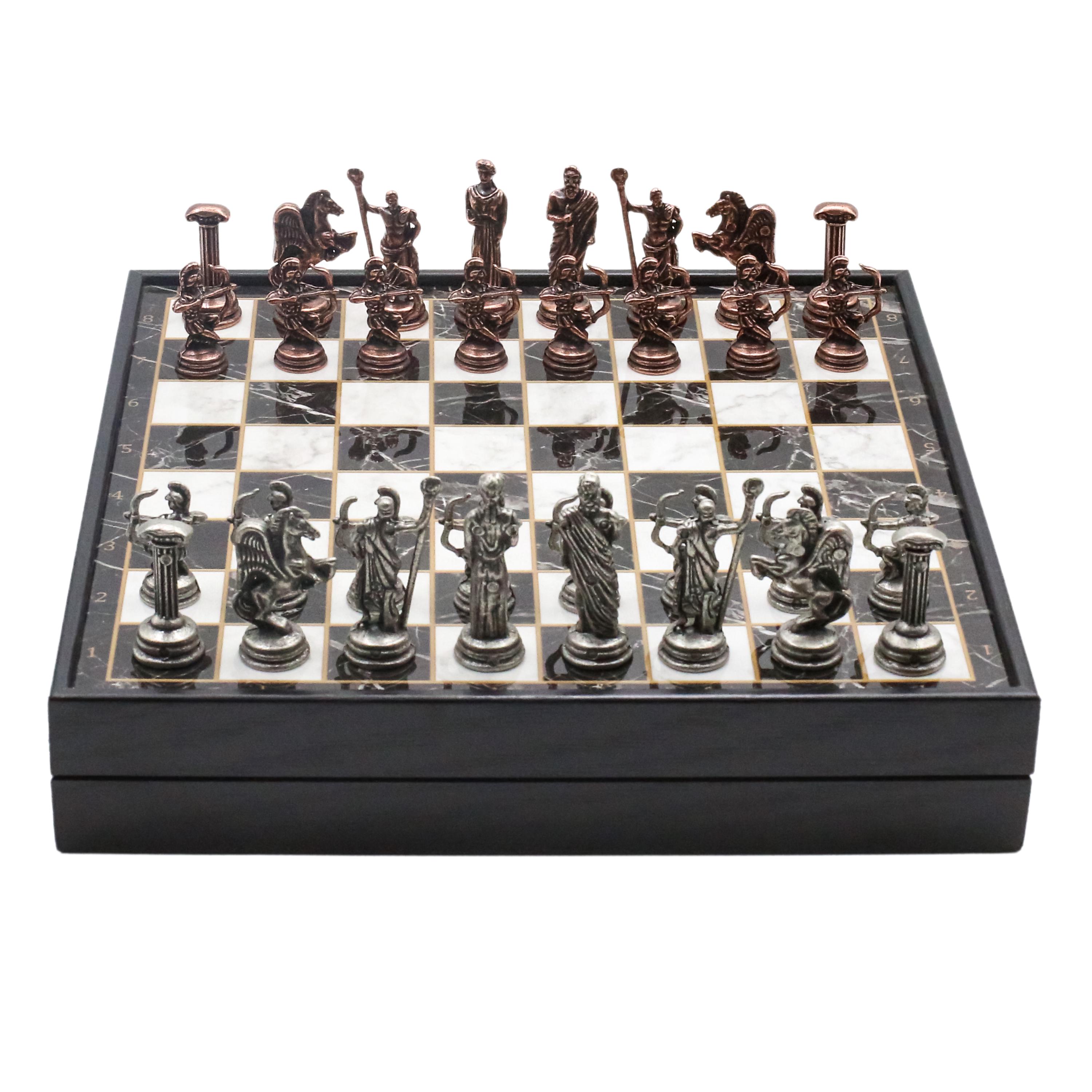 Personalized Roman Archer Chess Set: Bronze Metal Figures, Marble Look Board (10 inch)