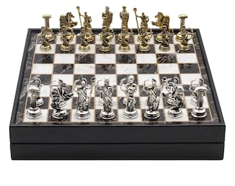 Customised Metal Chess Set Roman Empire Archer Themed, Die Cast Metal Figures, Marble Look Board 25 CM (10 inch), Christmas, Birthday Gift