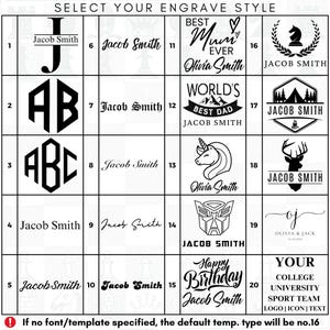 May include: A chart with 20 different engraving styles for personalized gifts. The styles include initials, names, logos, and designs. The chart is labeled "Select Your Engrave Style".