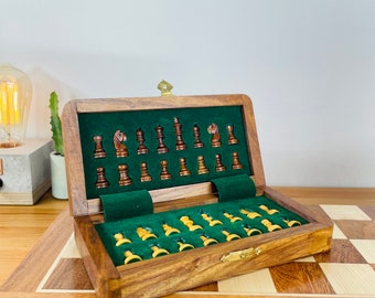 Jeu d'échecs magnétique pliable 10/12/14/16 pouces | Jeu d'échecs fait main en bois massif avec rangement intégré, bateau d'anniversaire d'anniversaire d'Allemagne