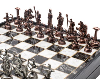 Personalised Chess Set Roman Archer Chess Set, Die Cast Metal Figures, Marble Look Board 25 CM (10 inch), Christmas, Birthday Gift