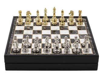 Personalised Chess Set 25 CM (10 inch), Staunton Metal Classic Design Chess Figures, Marble Look Board, Christmas, Birthday Gift for Him Her