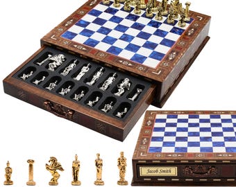 Handmade Thematic Metal Chess Set: Beech Wood Board with Storage (13 inch)