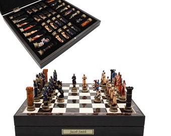 Handmade Resin Chess Set: Historical Roman vs Egyptian, 14" Storage Board