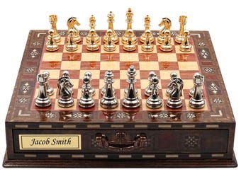 Hand-carved Solid Wood Chess Board with Handmade Die Cast Staunton Metal Chess Set: Inlay Beech Wood Board with Storage (13 inch)